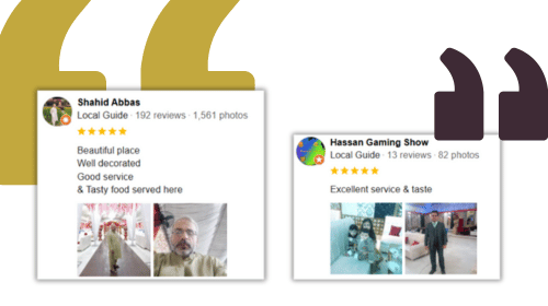 The image shows two reviews from Google Local Guides. The first review is by Zahid Iqbal, who has 25 reviews and 31 photos. Zahid's review states: 'Great and nice place for your events. Highly recommended, food and staff were good :)'. The second review is by Asim Saeed, who has 11 reviews and 8 photos. Asim's review states: 'Best place for videography & photography.' The image includes quotation marks in the background, emphasizing the reviews.