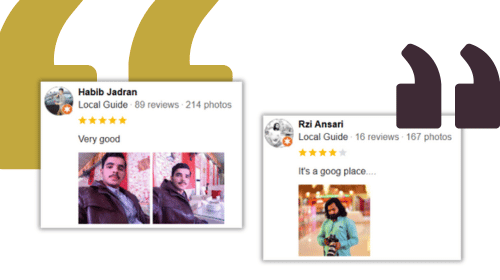 The image shows two reviews from Local Guides on a review platform. The first review is by Habib Jadran, who has 89 reviews and 214 photos. Habib Jadran has given a 4-star rating and commented 'Very good.' The review includes two photos of a person with their face pixelated. The second review is by Rzi Ansari, who has 16 reviews and 167 photos. Rzi Ansari has given a 4-star rating and commented 'It's a good place...' The review includes one photo of a person with their face pixelated.