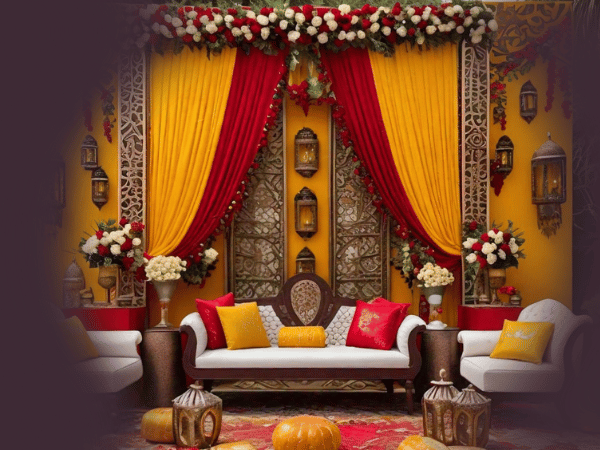 A beautifully decorated seating area at Nasrullah Marquees, set up for a special event. The backdrop features intricate wooden panels with ornate designs, flanked by red and yellow drapes. The top of the backdrop is adorned with a garland of red and white flowers. Several lanterns hang on the backdrop, enhancing the festive ambiance. The seating arrangement includes a central sofa with white upholstery and a dark wooden frame, accompanied by red and yellow cushions. Two white armchairs with yellow cushions are placed on either side of the central sofa. The floor is decorated with a red carpet and several decorative lanterns and poufs. The overall color scheme is vibrant, with dominant hues of red, yellow, and white, creating a warm and inviting atmosphere.